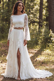 Vestido de novia A-Line Marfil de 2 piezas, escote bateau de manga larga con abertura
