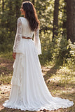 Vestido de novia A-Line Marfil de 2 piezas, escote bateau de manga larga con abertura