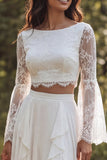 Vestido de novia A-Line Marfil de 2 piezas, escote bateau de manga larga con abertura