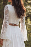 Vestido de novia A-Line Marfil de 2 piezas, escote bateau de manga larga con abertura
