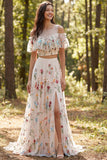 Vestido de novia largo de 2 piezas en forma de línea A con escote ilusión floral y abertura