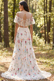 Vestido de novia largo de 2 piezas en forma de línea A con escote ilusión floral y abertura