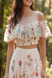 Vestido de novia largo de 2 piezas en forma de línea A con escote ilusión floral y abertura