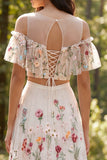 Vestido de novia largo de 2 piezas en forma de línea A con escote ilusión floral y abertura