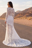 Vestido largo de novia de encaje sirena marfil con mangas largas