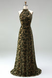Vestido formal largo de terciopelo floral con escote halter, escote oliva