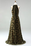 Vestido formal largo de terciopelo floral con escote halter, escote oliva