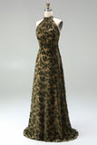 Vestido formal largo de terciopelo floral con escote halter, escote oliva