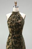 Vestido formal largo de terciopelo floral con escote halter, escote oliva