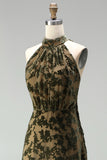 Vestido formal largo de terciopelo floral con escote halter, escote oliva
