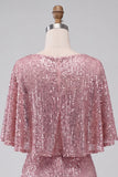 Vestido corto corto de bienvenida con cuello redondo rosa brillante, lentejuelas, fruncido y fajilla