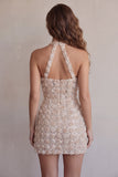 Vestido de bienvenida a casa, corto con escote con cuello halter, corto y floral con lentejuelas