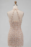 Vestido de bienvenida a casa, corto con escote con cuello halter, corto y floral con lentejuelas