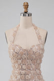 Vestido de bienvenida a casa, corto con escote con cuello halter, corto y floral con lentejuelas
