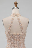 Vestido de bienvenida a casa, corto con escote con cuello halter, corto y floral con lentejuelas