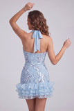 Vestido corto corto de Homecoming con escote alto azul cielo con volantes y lentejuelas