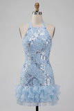 Vestido corto corto de Homecoming con escote alto azul cielo con volantes y lentejuelas