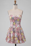 Vestido corto corto de bienvenida rosa rosa A-Line A-Line con escaleras y lentejuelas