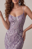 Vestido corto de bienvenida con tirantes cortos de bodycon lila y lentejuelas