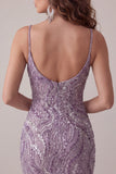 Vestido corto de bienvenida con tirantes cortos de bodycon lila y lentejuelas