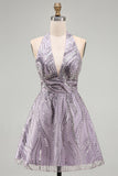Vestido corto de bienvenida sin espalda sin espalda con escote lila y cuello lila en forma de A, vestido corto de bienvenida con lentejuelas