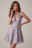 Vestido corto de bienvenida sin espalda sin espalda con escote lila y cuello lila en forma de A, vestido corto de bienvenida con lentejuelas