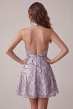 Vestido corto de bienvenida sin espalda sin espalda con escote lila y cuello lila en forma de A, vestido corto de bienvenida con lentejuelas