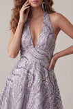 Vestido corto de bienvenida sin espalda sin espalda con escote lila y cuello lila en forma de A, vestido corto de bienvenida con lentejuelas