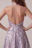 Vestido corto de bienvenida sin espalda sin espalda con escote lila y cuello lila en forma de A, vestido corto de bienvenida con lentejuelas