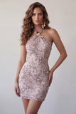 Vestido corto corto de bienvenida Fog con escote halter y perlas florales con abalorios