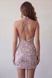 Vestido corto corto de bienvenida Fog con escote halter y perlas florales con abalorios