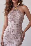 Vestido corto corto de bienvenida Fog con escote halter y perlas florales con abalorios