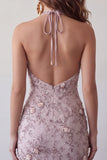 Vestido corto corto de bienvenida Fog con escote halter y perlas florales con abalorios