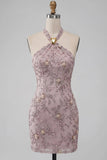 Vestido corto corto de bienvenida Fog con escote halter y perlas florales con abalorios