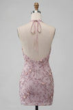 Vestido corto corto de bienvenida Fog con escote halter y perlas florales con abalorios