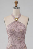 Vestido corto corto de bienvenida Fog con escote halter y perlas florales con abalorios