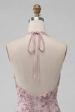 Vestido corto corto de bienvenida Fog con escote halter y perlas florales con abalorios