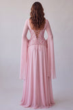 Mangas acampanadas rosa claro, corsé de lentejuelas línea A vestido formal largo