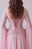 Mangas acampanadas rosa claro, corsé de lentejuelas línea A vestido formal largo