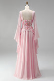 Corsé de bordado rosa claro Vestido chiffon peplum de fin de curso largo con mangas campanas largas
