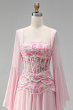 Corsé de bordado rosa claro Vestido chiffon peplum de fin de curso largo con mangas campanas largas