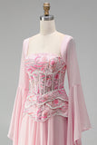 Corsé de bordado rosa claro Vestido chiffon peplum de fin de curso largo con mangas campanas largas
