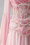 Corsé de bordado rosa claro Vestido chiffon peplum de fin de curso largo con mangas campanas largas