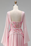 Corsé de bordado rosa claro Vestido chiffon peplum de fin de curso largo con mangas campanas largas