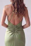 Sirena verde fruncida, tirantes cruzados, vestido formal largo