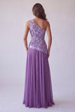 Vestido formal de bordado floral morado de línea A de un hombro largo