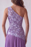 Vestido formal de bordado floral morado de línea A de un hombro largo