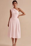 Vestido de compromiso blanco midi de línea en A de un solo hombro