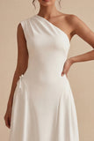 Vestido de compromiso blanco midi de línea en A de un solo hombro