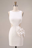 Bodycon vestido blanco pequeño de cuello redondo con lazo